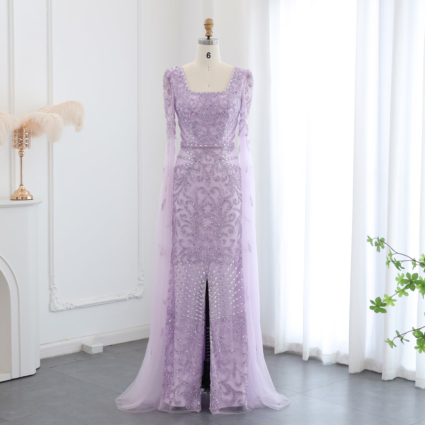 Luxury Turquoise Beaded Mermaid Evening Dress with Cape Sleeves SS469  Lilac / US 18