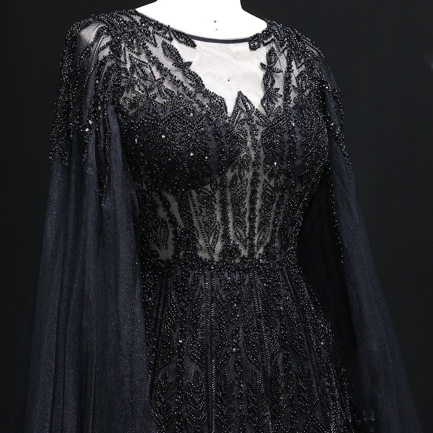 Luxury Blue Evening Dress with Cape Sleeves SS001