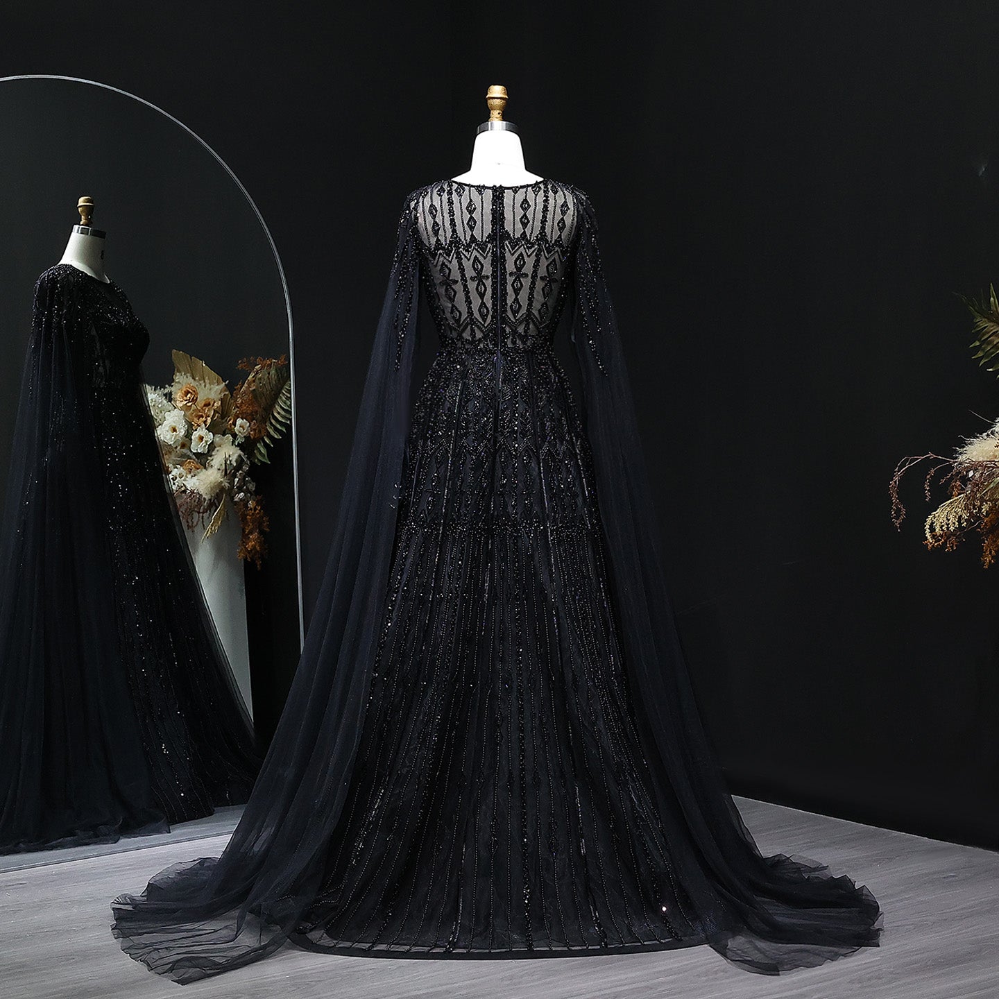 Luxury Blue Evening Dress with Cape Sleeves SS001