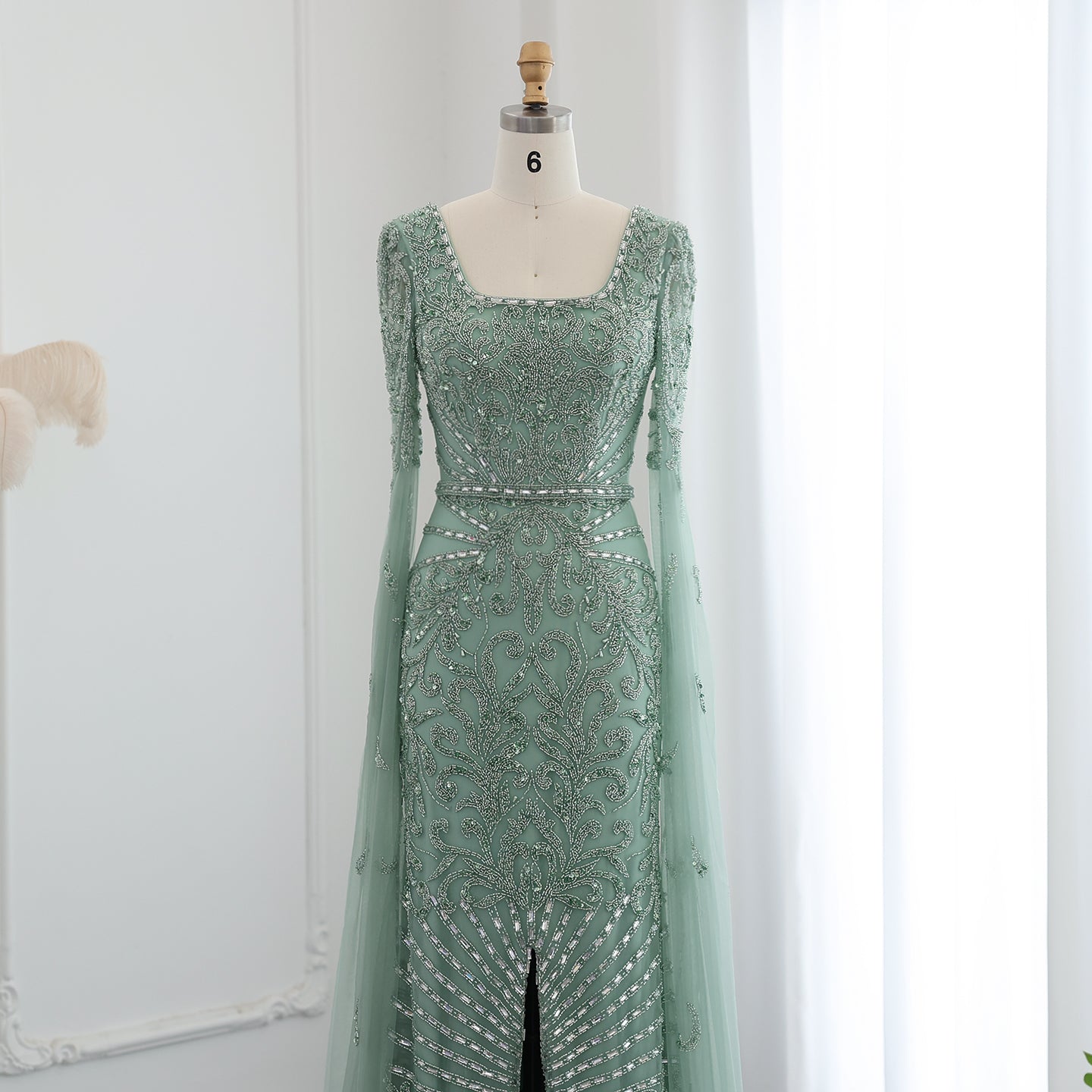 Luxury Turquoise Beaded Mermaid Evening Dress with Cape Sleeves SS469