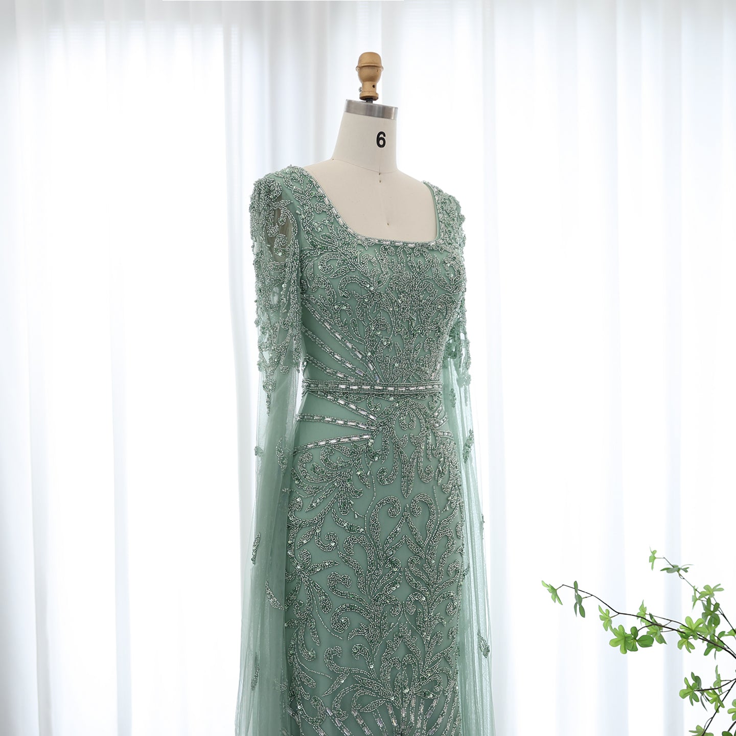 Luxury Turquoise Beaded Mermaid Evening Dress with Cape Sleeves SS469