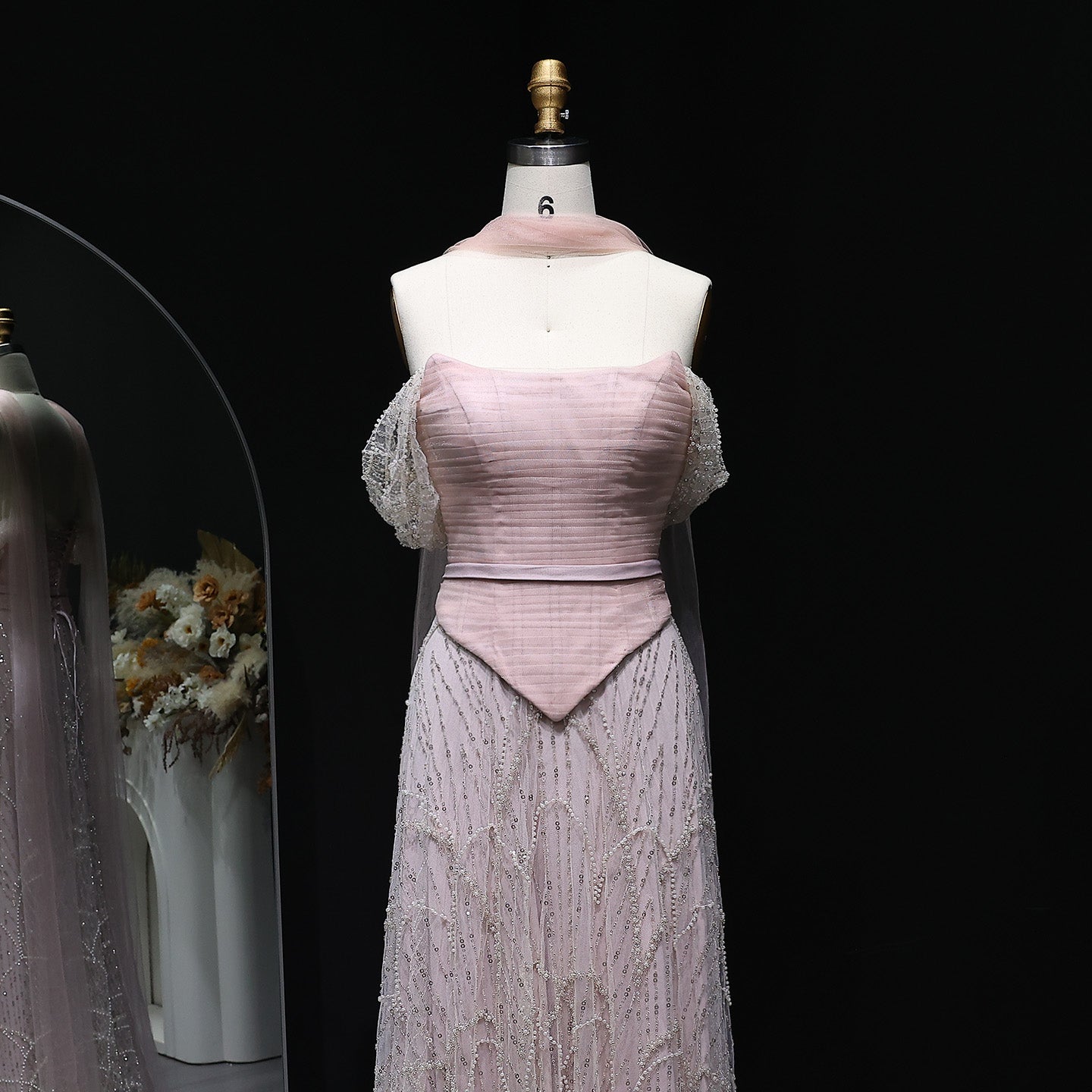 Romantic Beaded Pink Off Shoulder Evening Dress with Scarf SS766