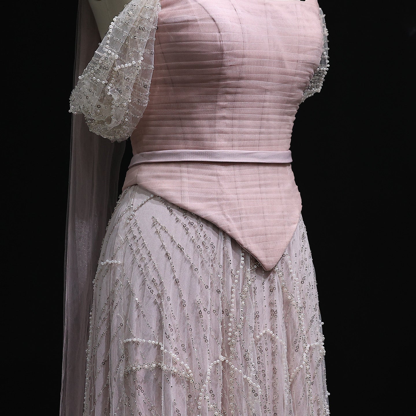 Romantic Beaded Pink Off Shoulder Evening Dress with Scarf SS766