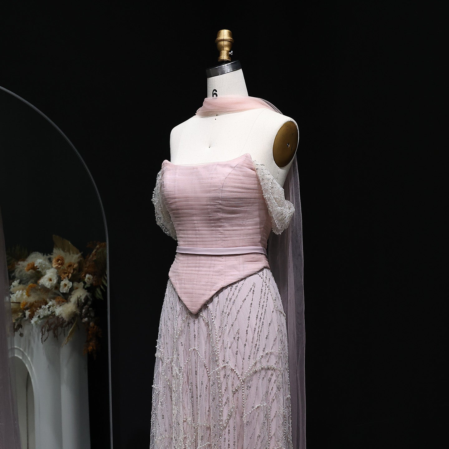Romantic Beaded Pink Off Shoulder Evening Dress with Scarf SS766