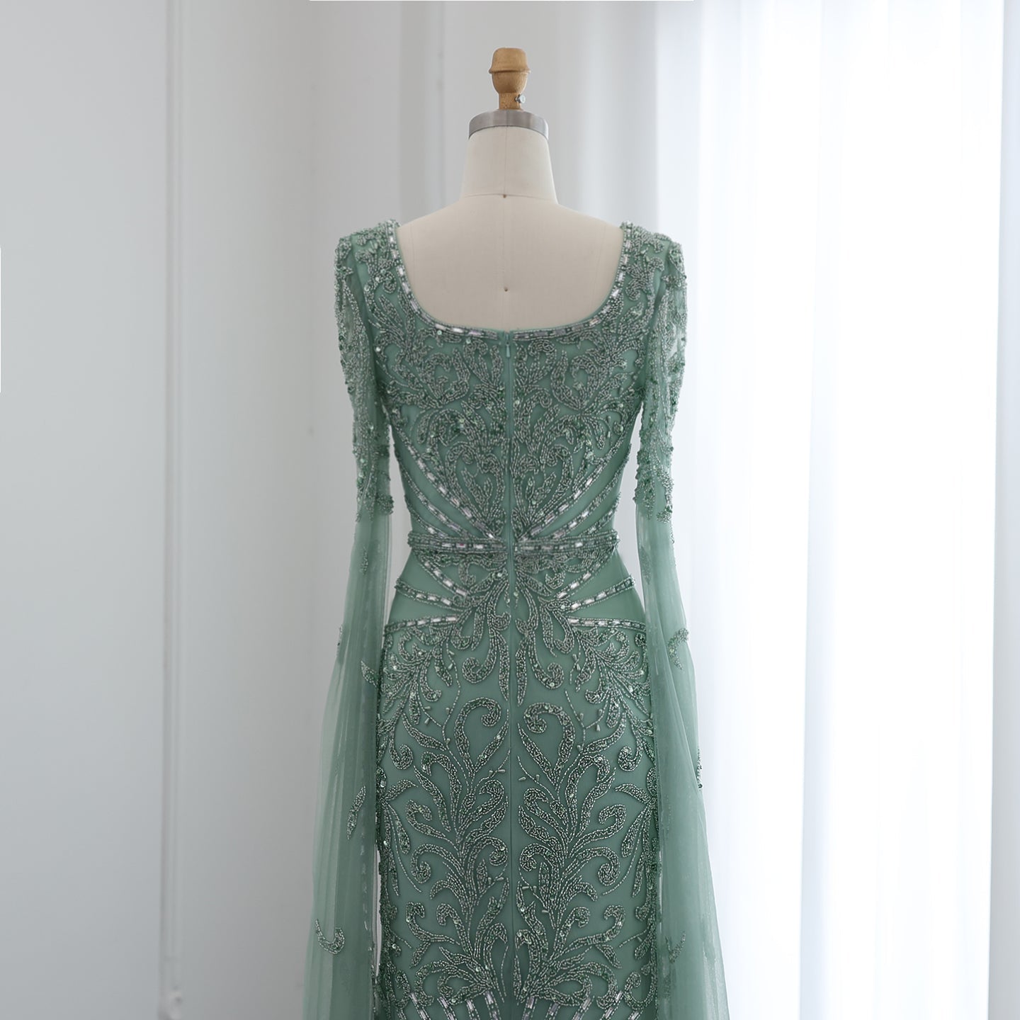 Luxury Turquoise Beaded Mermaid Evening Dress with Cape Sleeves SS469