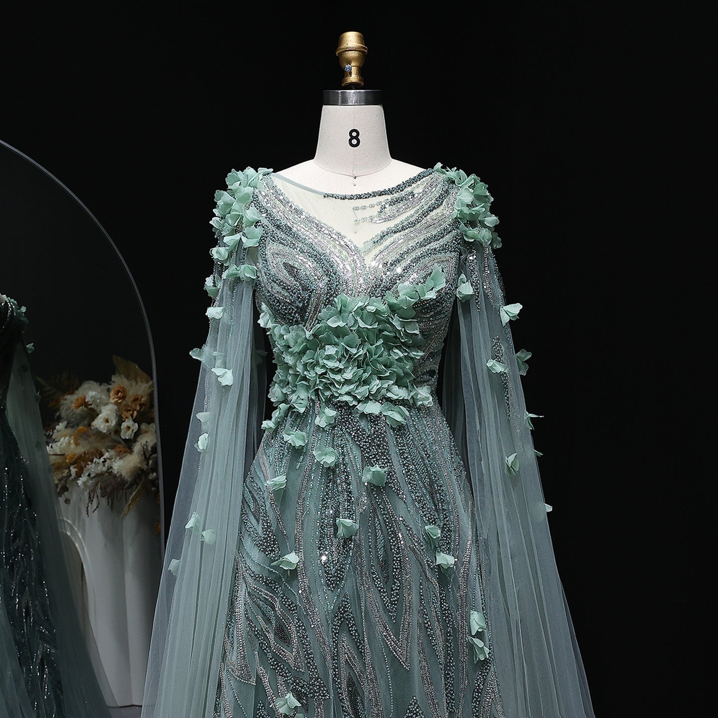 Luxury 3D flowers Purple Beaded Evening Dress with Scarf SS060