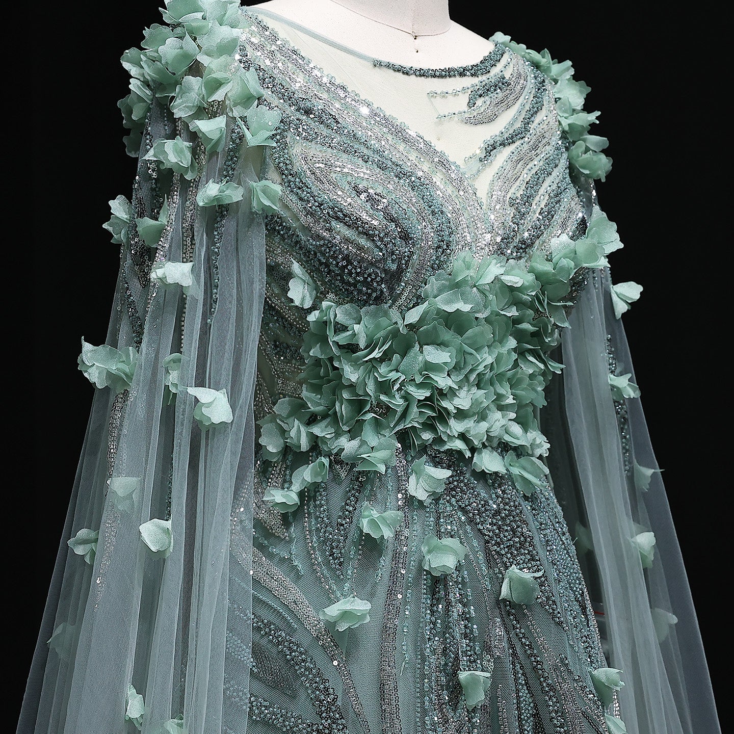 Luxury 3D flowers Purple Beaded Evening Dress with Scarf SS060