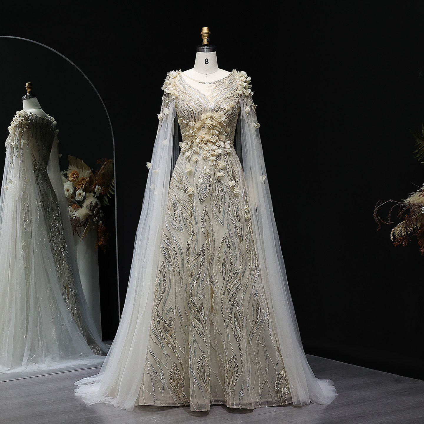 Luxury 3D flowers Purple Beaded Evening Dress with Scarf SS060