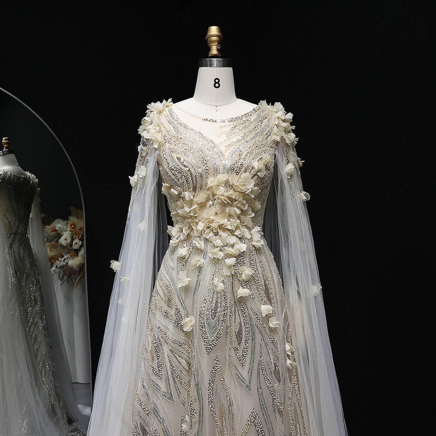 Luxury 3D flowers Purple Beaded Evening Dress with Scarf SS060