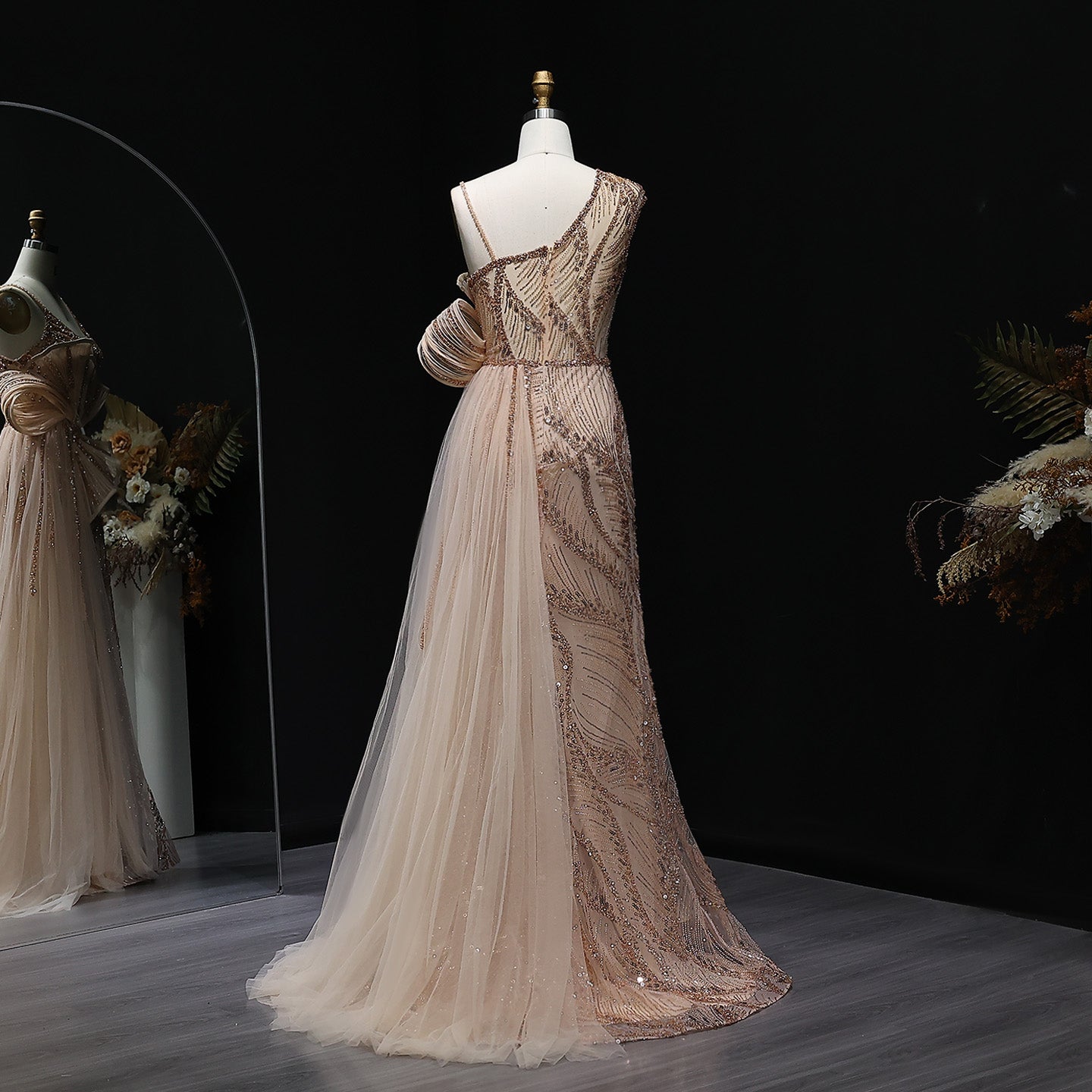 Luxury Beaded 3D Floral Evening Dress with Overskirt SS062