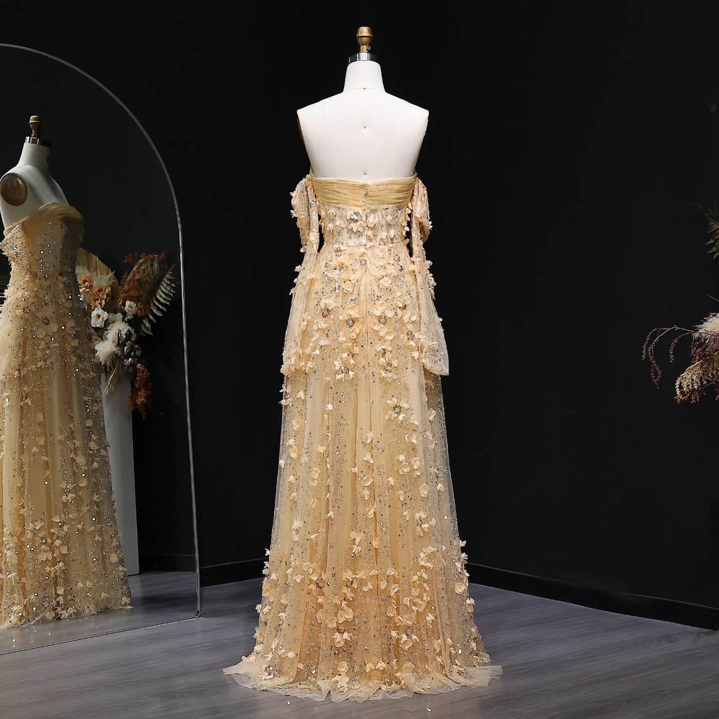 Elegant Pink 3D Flowers Evening Dress with Long Sleeves SS344