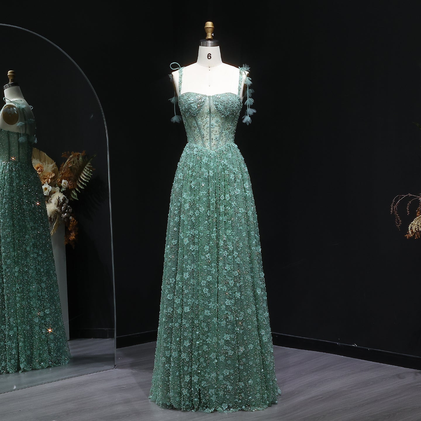 Delicate Pink 3D Floral Spaghetti Evening Dress SS701  Green / US 16