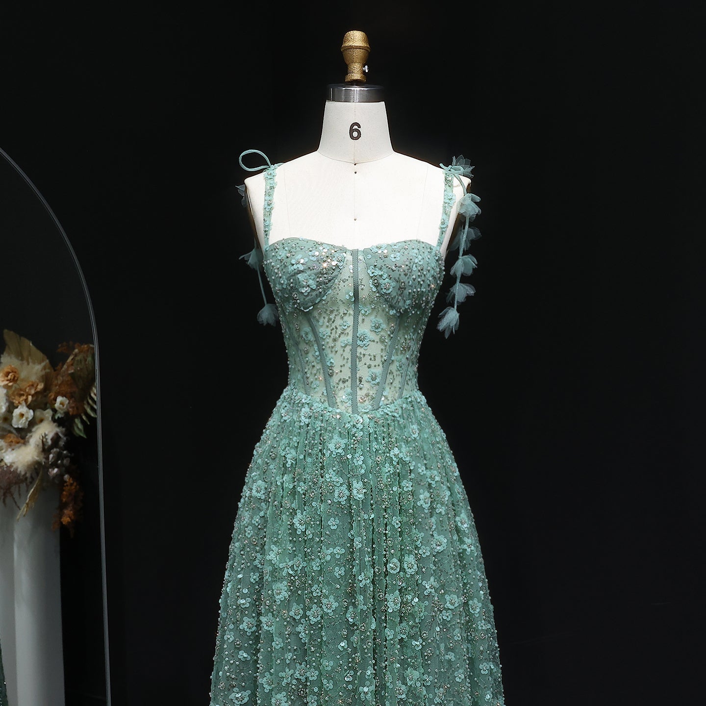 Delicate Pink 3D Floral Spaghetti Evening Dress SS701