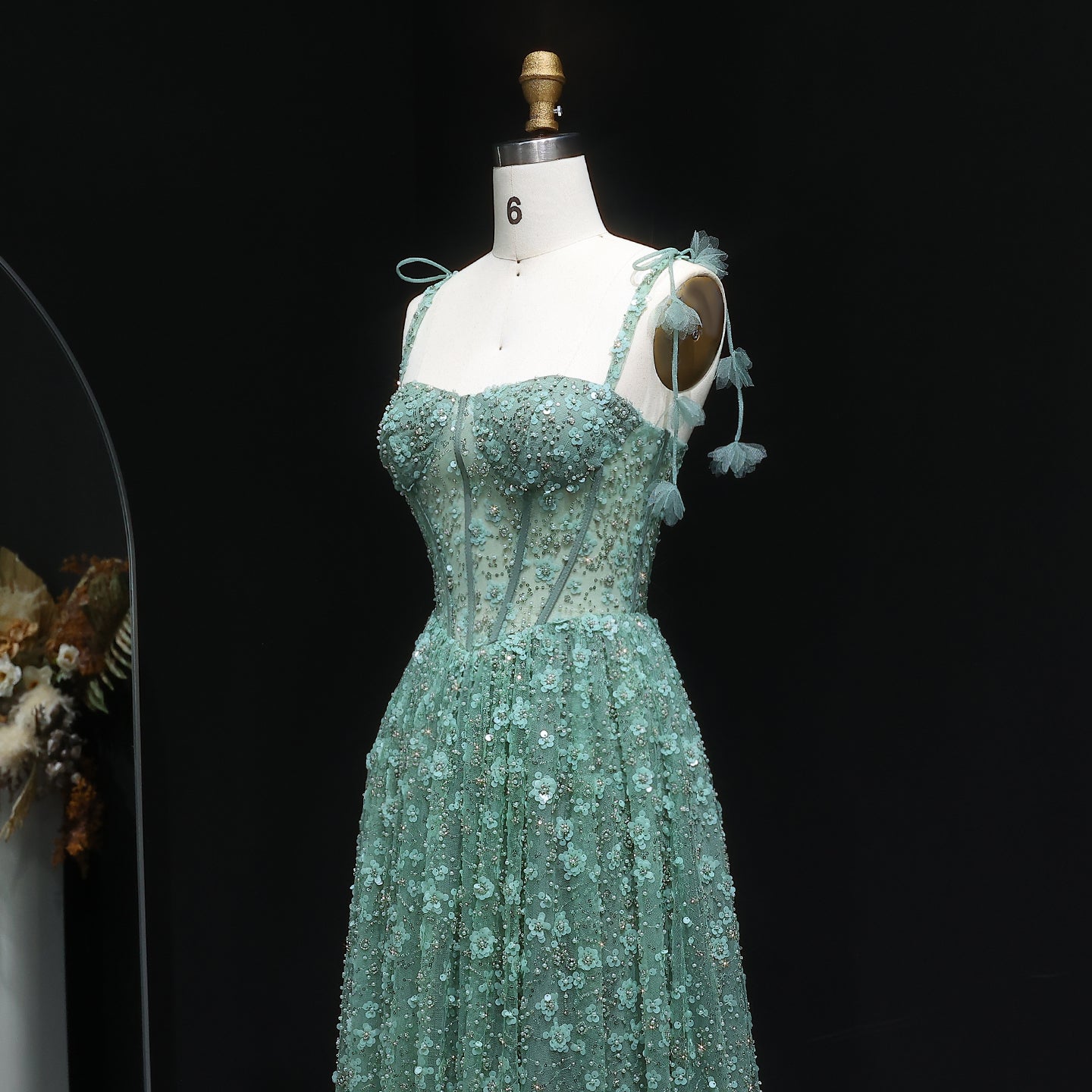 Delicate Pink 3D Floral Spaghetti Evening Dress SS701