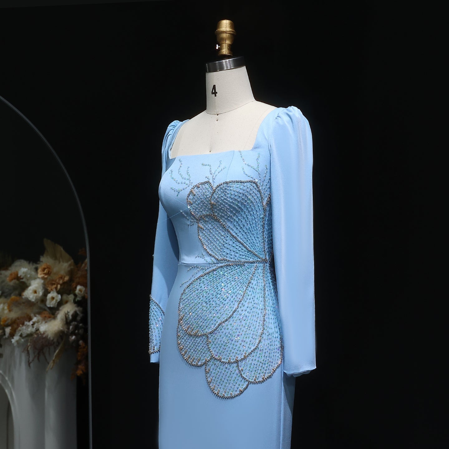 Elegant Pink Butterfly Beaded Long Sleeves Evening Dress SS262