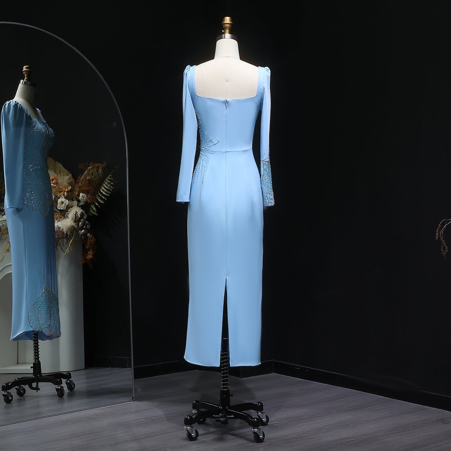 Elegant Pink Butterfly Beaded Long Sleeves Evening Dress SS262