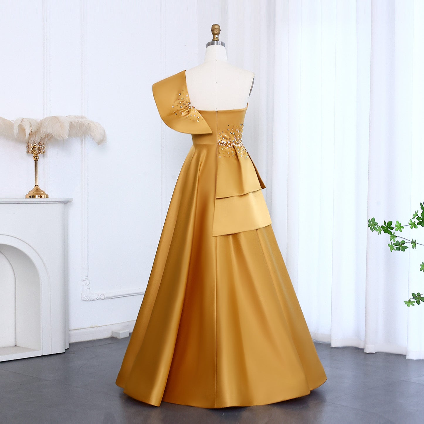 Elegant Gold One Shoulder Satin Evening Dress SS592