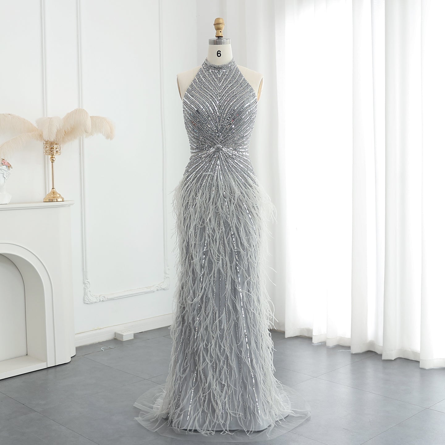 Luxury Beaded Feathers Silver Halter Evening Dress SS006  Gray / US 18
