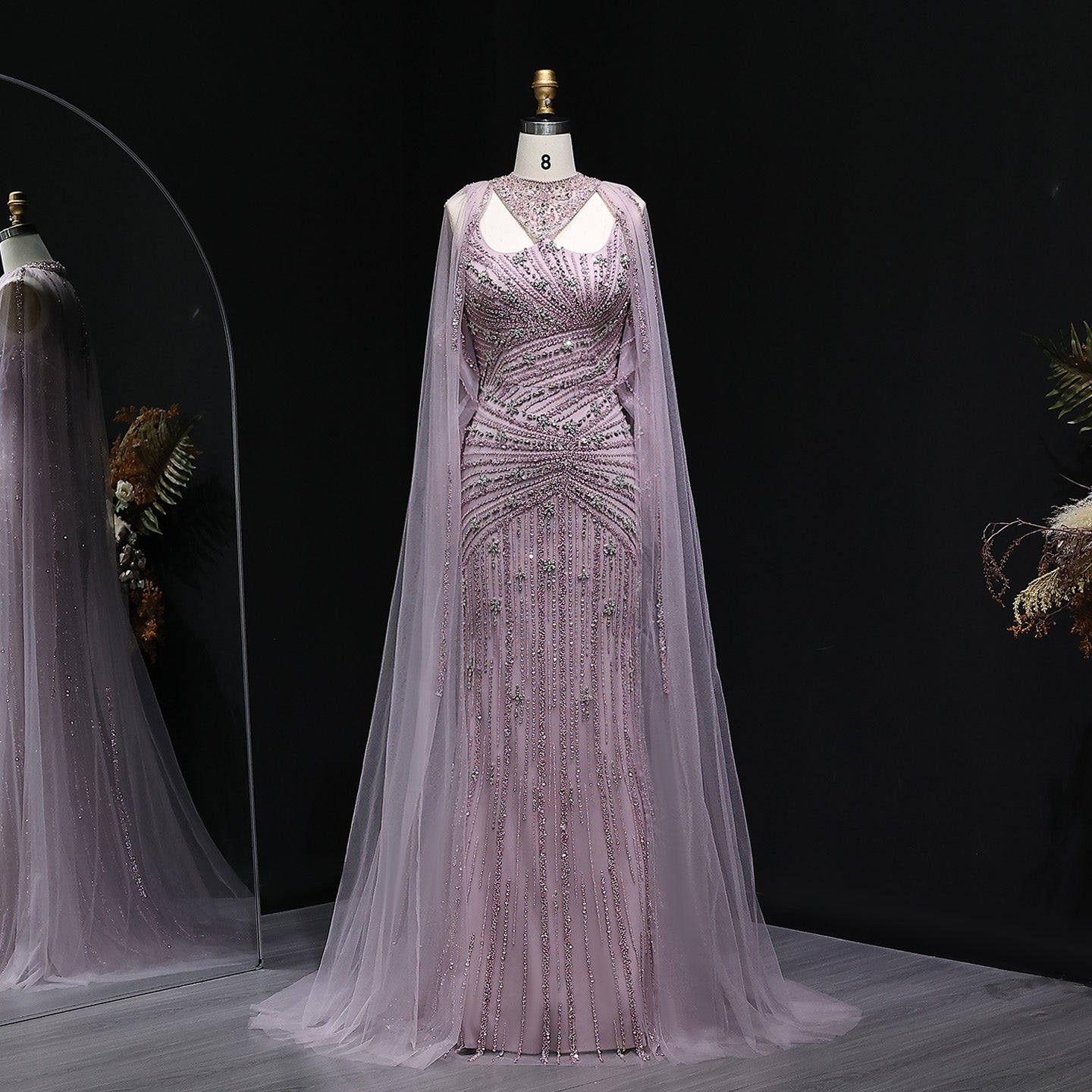 Luxury Champagne Beaded Mermaid Evening Dress with Cape Sleeves SS149  Pink / US 18