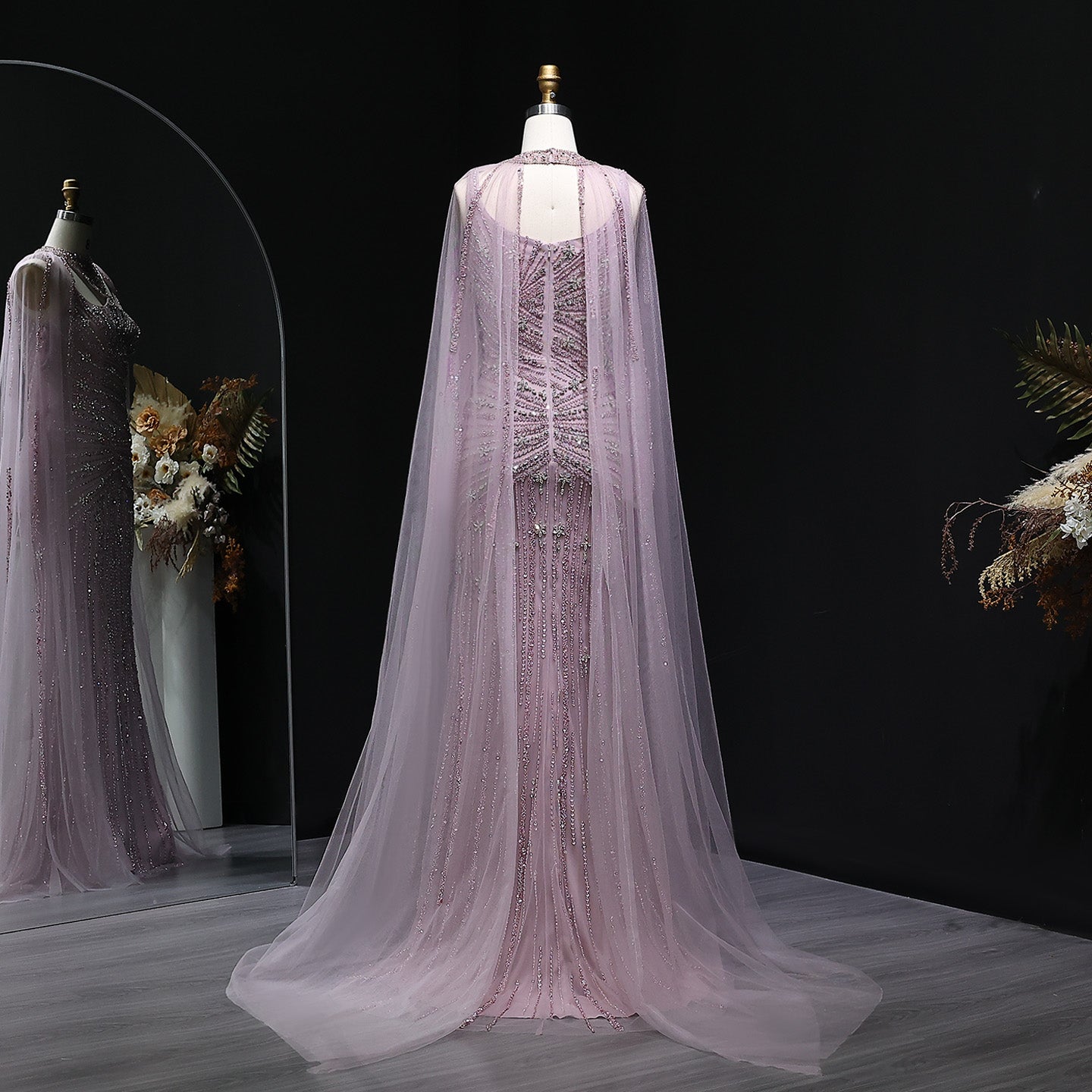 Luxury Champagne Beaded Mermaid Evening Dress with Cape Sleeves SS149