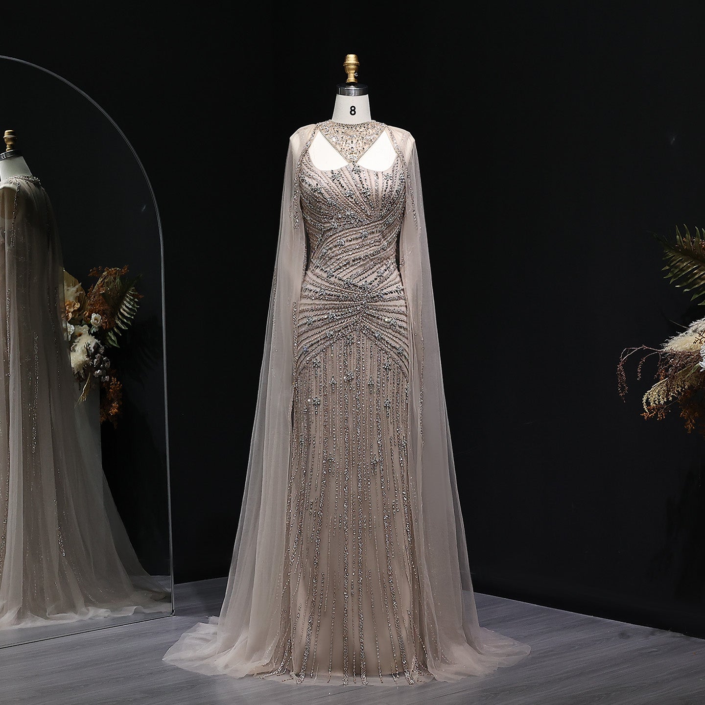 Luxury Champagne Beaded Mermaid Evening Dress with Cape Sleeves SS149  Champagne / US 18