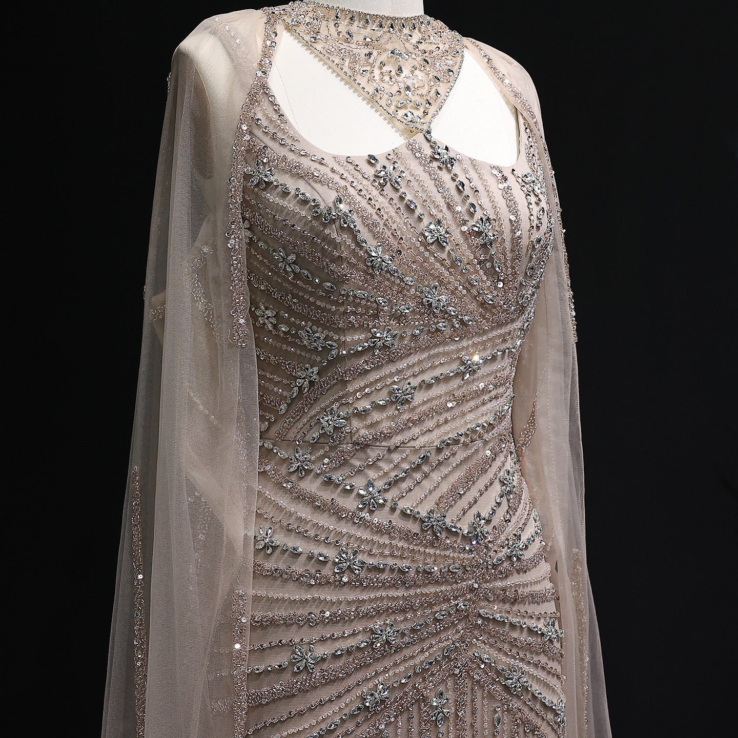 Luxury Champagne Beaded Mermaid Evening Dress with Cape Sleeves SS149