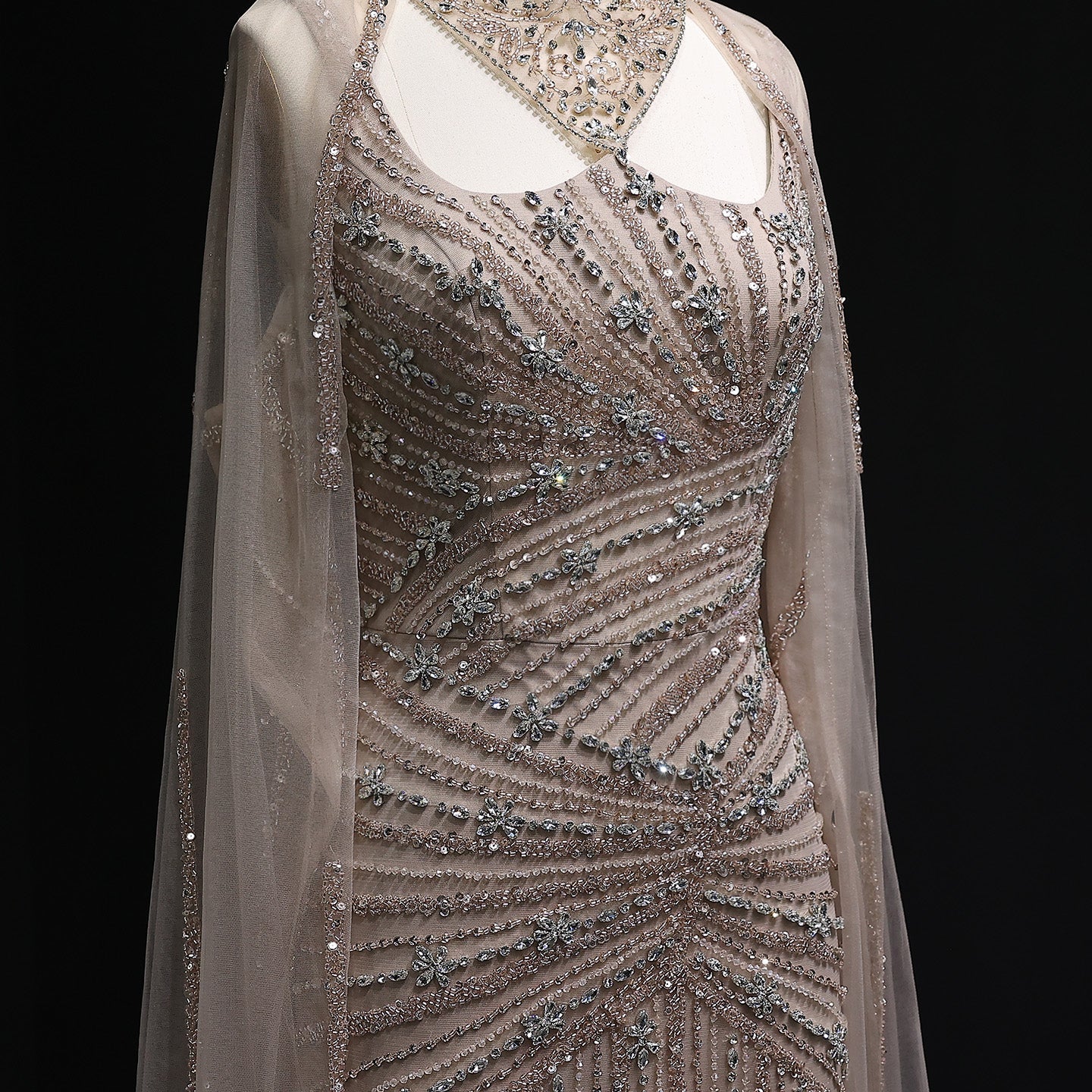 Luxury Champagne Beaded Mermaid Evening Dress with Cape Sleeves SS149