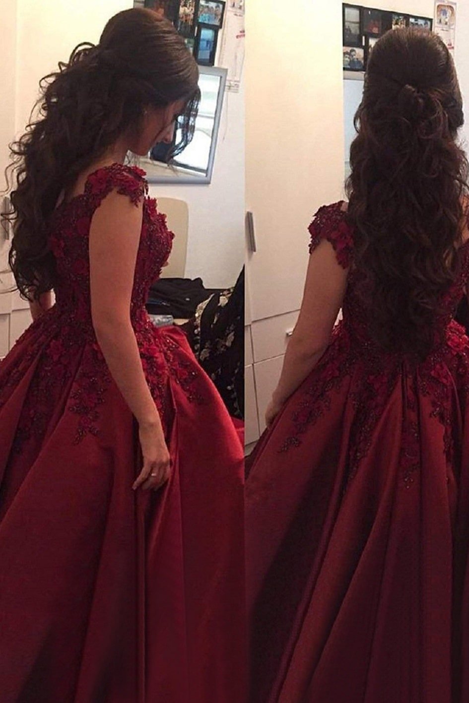 Appliqued Off-The-Shoulder Satin Princess Prom Dresses With Beads-440