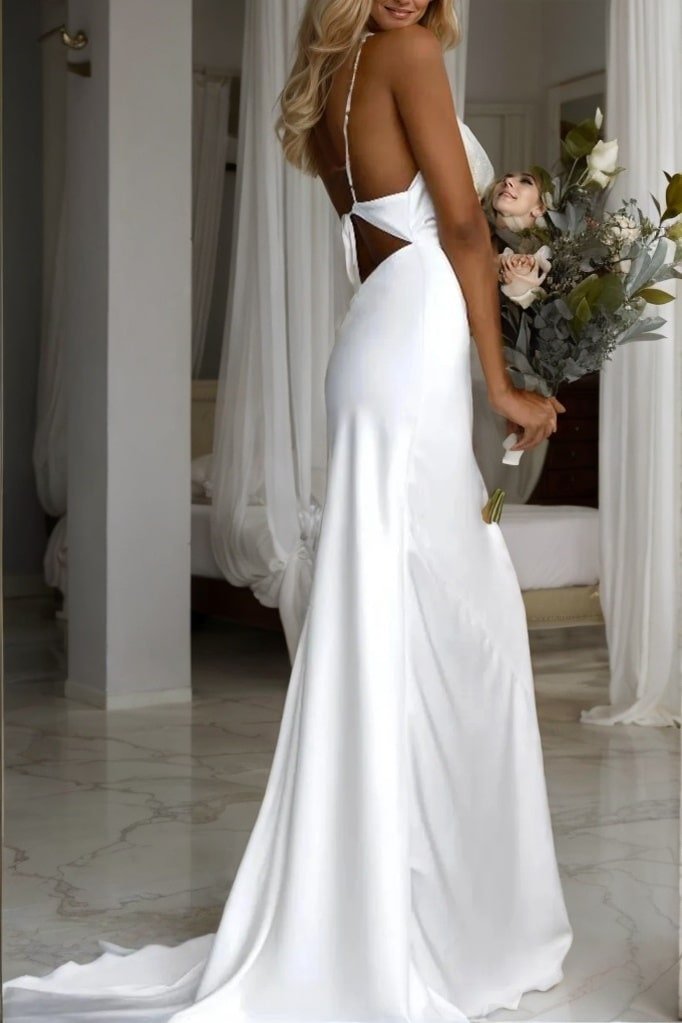 Sheath/Column NS Elastic Woven Satin Ruched Spaghetti Straps Sweep/Brush Train Sleeveless Wedding Dresses-658