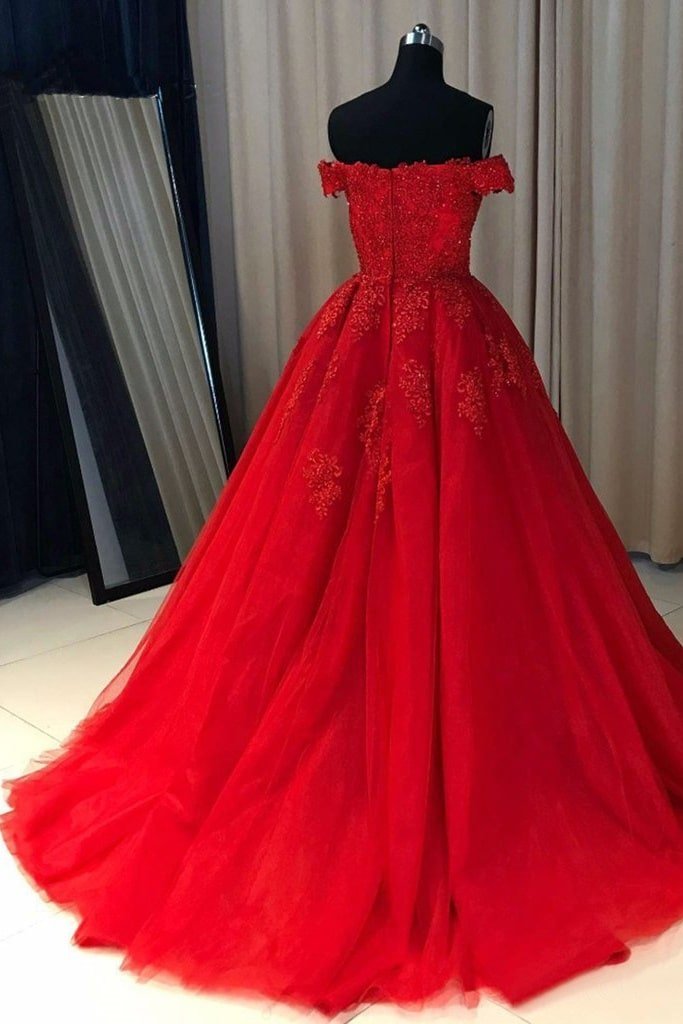 Ball Gown Off-the-Shoulder Sleeveless Court Train Tulle Red Prom Dresses With Pleated Appliqued-800