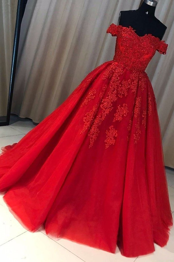 Ball Gown Off-the-Shoulder Sleeveless Court Train Tulle Red Prom Dresses With Pleated Appliqued-801