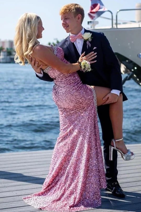 Sheath/Column Pink Velvet Sequins Sleeveless Split Prom Dresses Long Formal Ball Gown