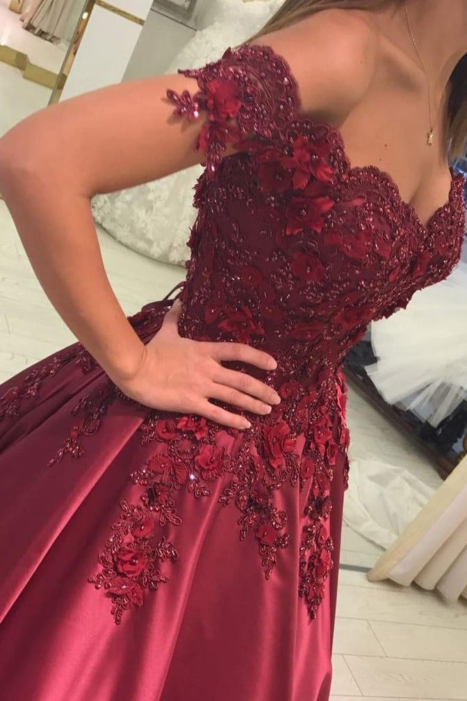 Appliqued Off-The-Shoulder Satin Princess Prom Dresses With Beads-0