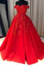 Ball Gown Off-the-Shoulder Sleeveless Court Train Tulle Red Prom Dresses With Pleated Appliqued-0