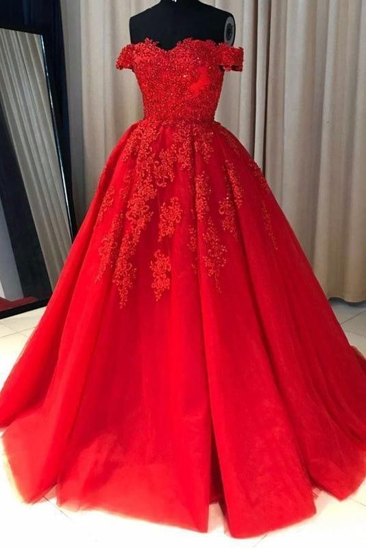 Ball Gown Off-the-Shoulder Sleeveless Court Train Tulle Red Prom Dresses With Pleated Appliqued-0