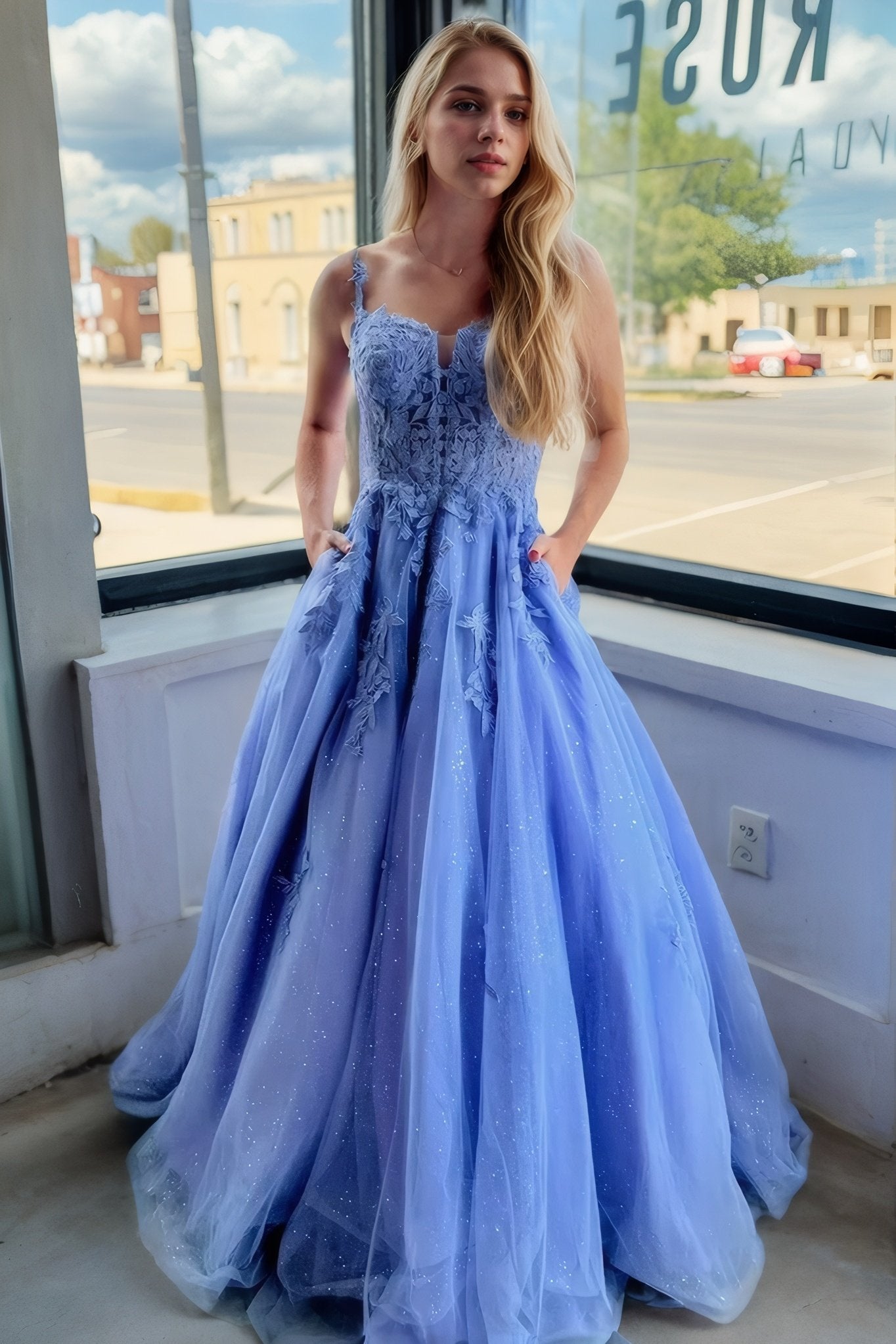 A-Line/Princess Tulle Halter Sleeveless Long Prom Dress Lavender Pocket Prom Gown-0