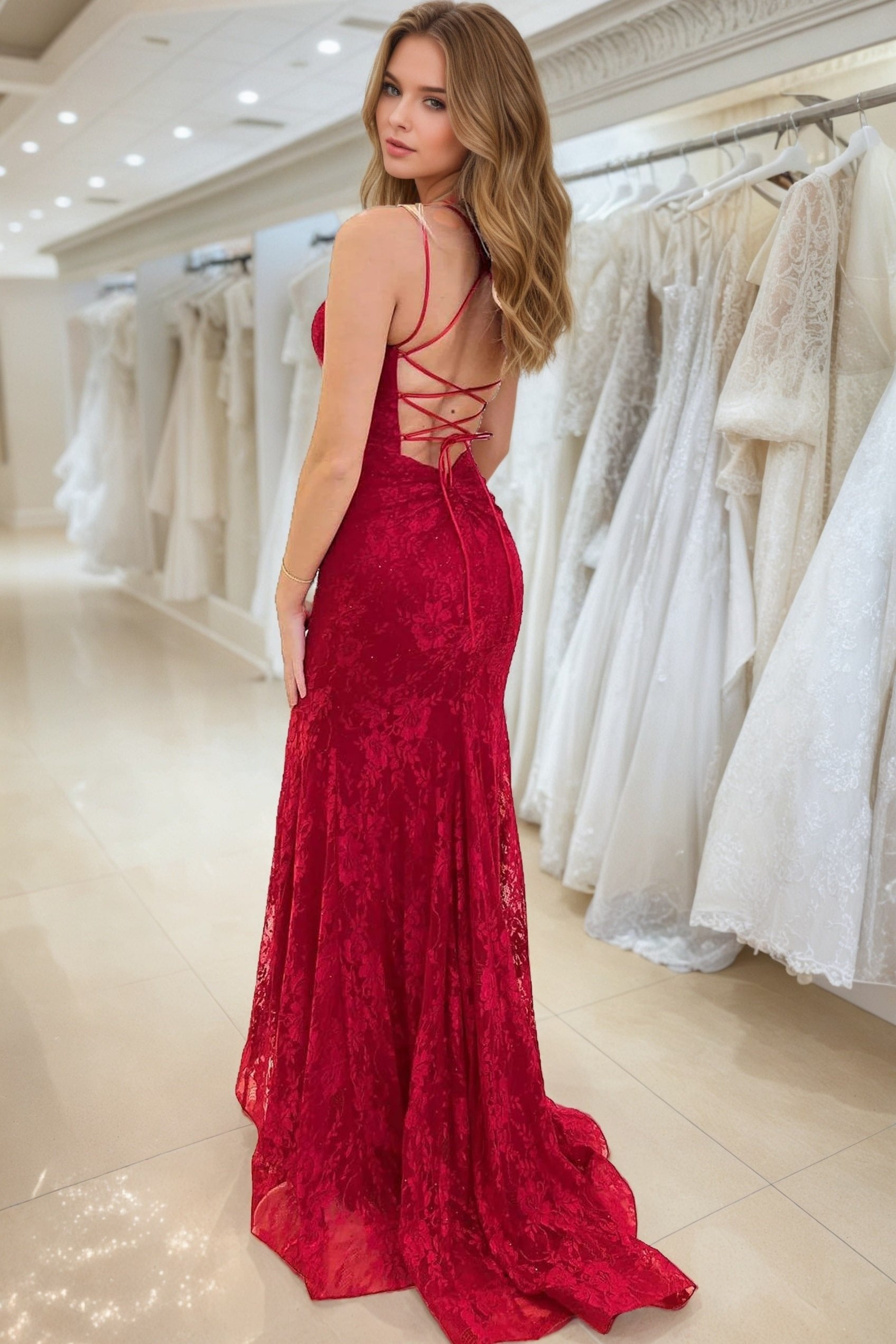 Sheath/Column V-neck Sleeveless Prom Dresses Long Lace Formal Evening Gowns