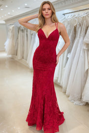 Sheath/Column V-neck Sleeveless Prom Dresses Long Lace Formal Evening Gowns