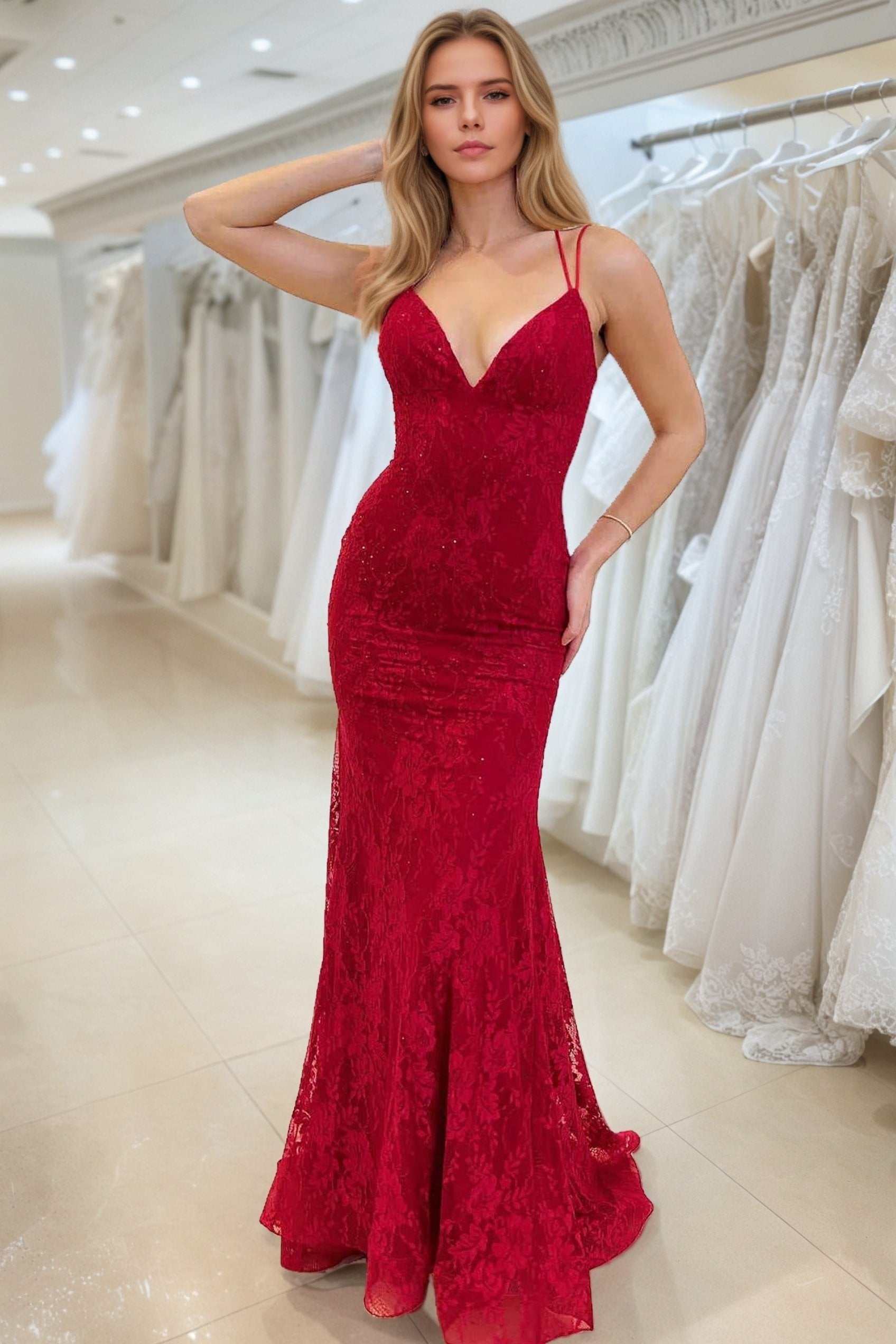 Sheath/Column V-neck Sleeveless Prom Dresses Long Lace Formal Evening Gowns