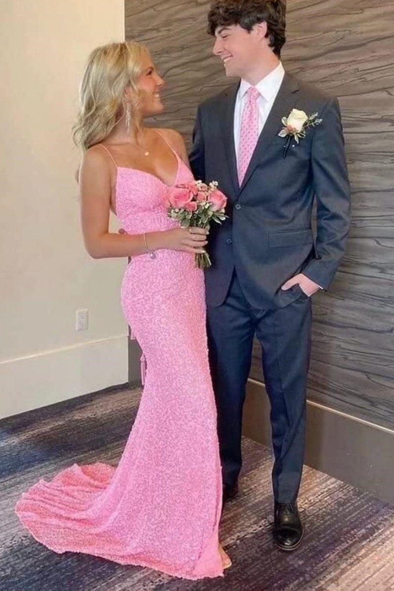 Trumpet/Mermaid V Neck Sleeveless Sweep Train Allover Sparkly Sequined Prom Dress With Split-867