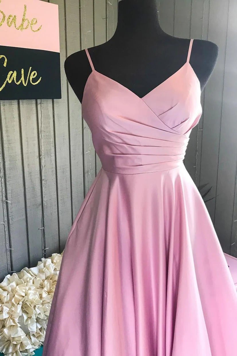A-line V Neck Long/Floor-Length Satin Prom Dress With Pleated-429