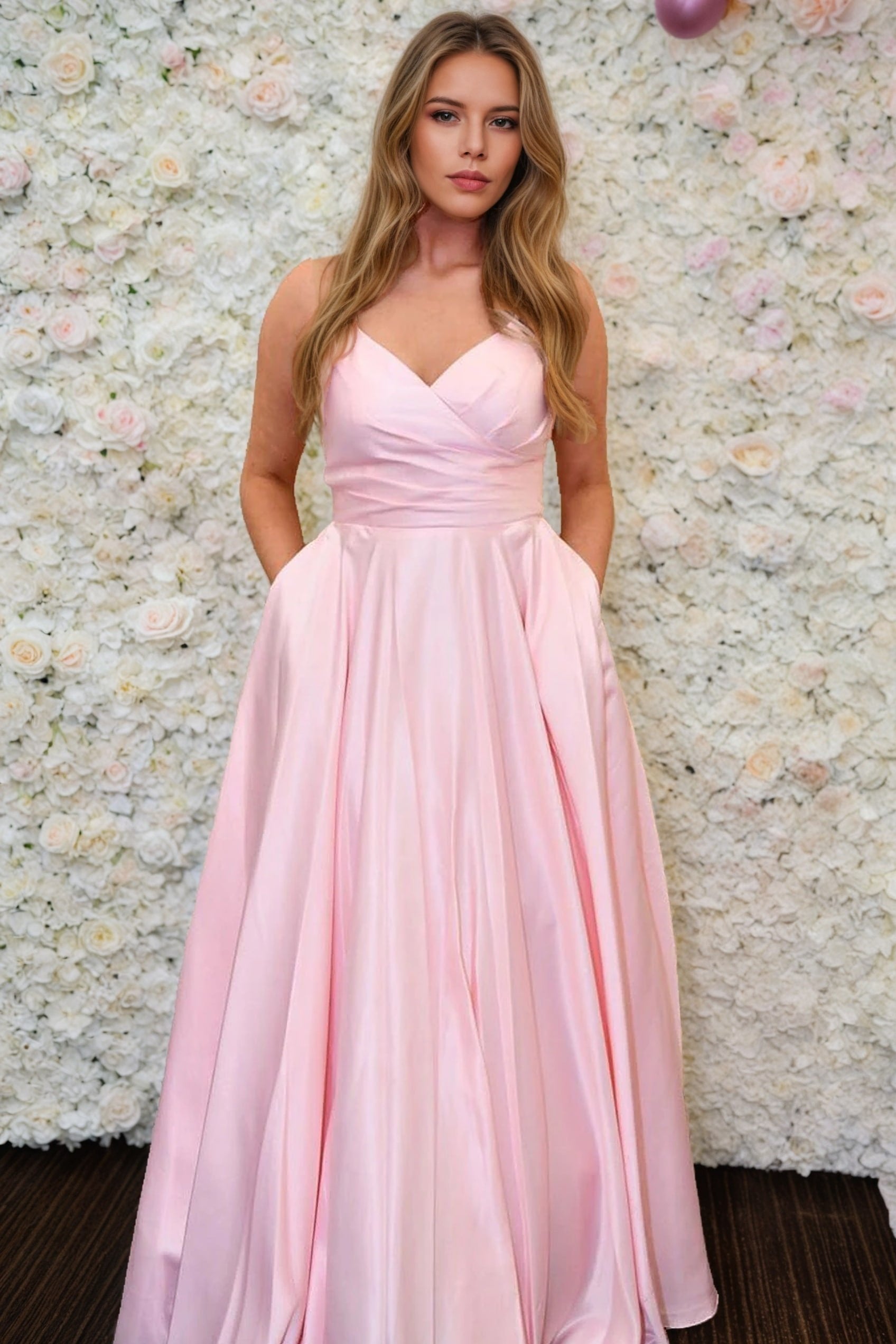 A-line V Neck Long/Floor-Length Satin Prom Dress With Pleated-430