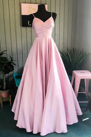 A-line V Neck Long/Floor-Length Satin Prom Dress With Pleated-0