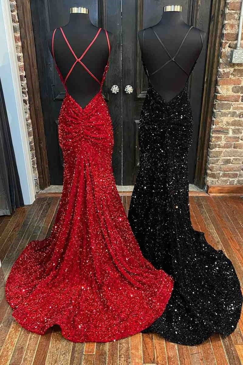 Trumpet/Mermaid V Neck Sleeveless Velvet Sequins Court Train Prom Dresses With Pleated-445