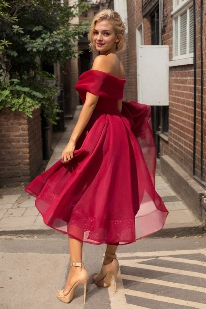 A-line Off-the-Shoulder Short Sleeve Tea-Length Tulle Homecoming Dress with Pleated Pockets-650
