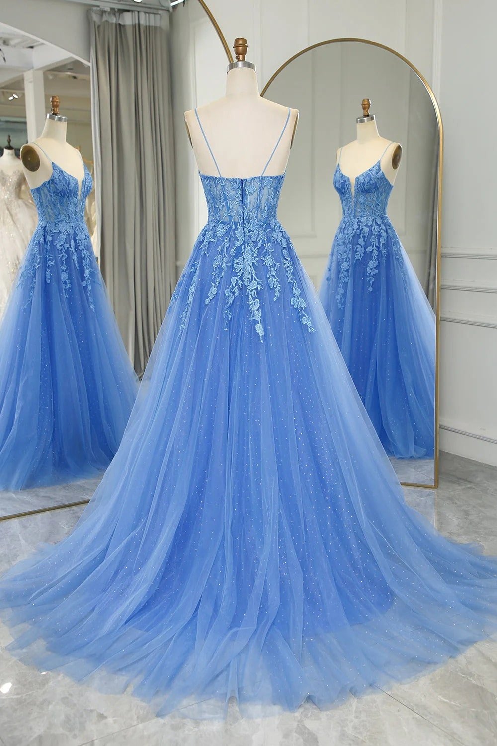 A-line V Neck Long/Floor-Length Tulle Sparkling Prom Dresses with Split Glitter Ball Gowns-790
