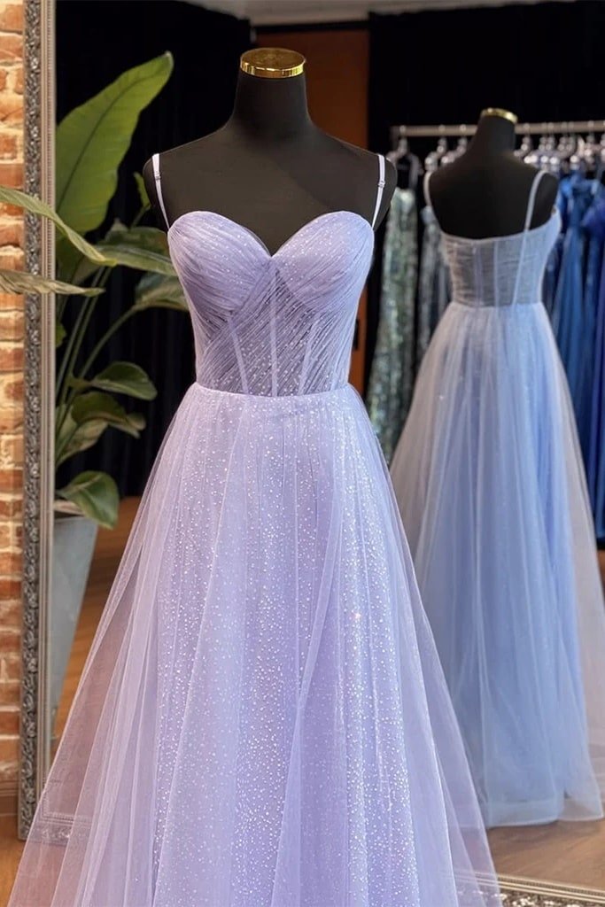 A-Line Sweetheart Neck Tulle Long Blue Prom Dress, Blue Long Formal Dress