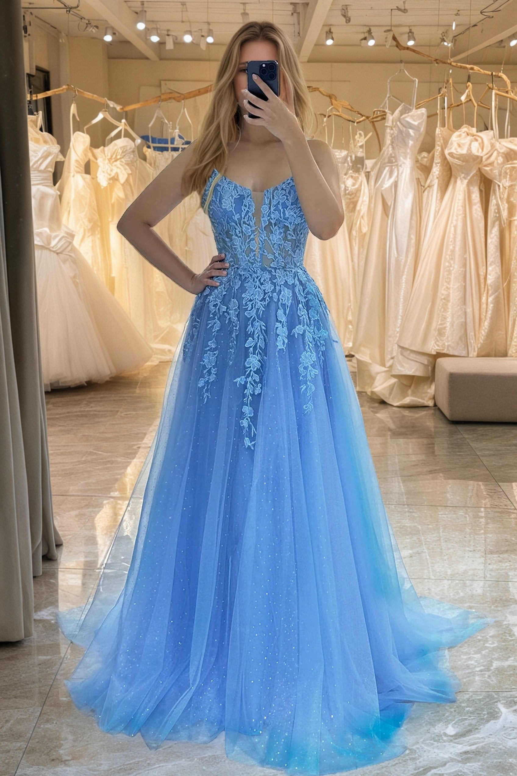A-line V Neck Long/Floor-Length Tulle Sparkling Prom Dresses with Split Glitter Ball Gowns-0
