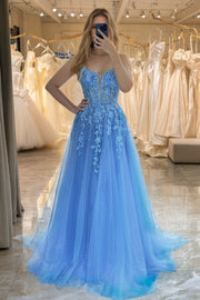 A-line V Neck Long/Floor-Length Tulle Sparkling Prom Dresses with Split Glitter Ball Gowns-0