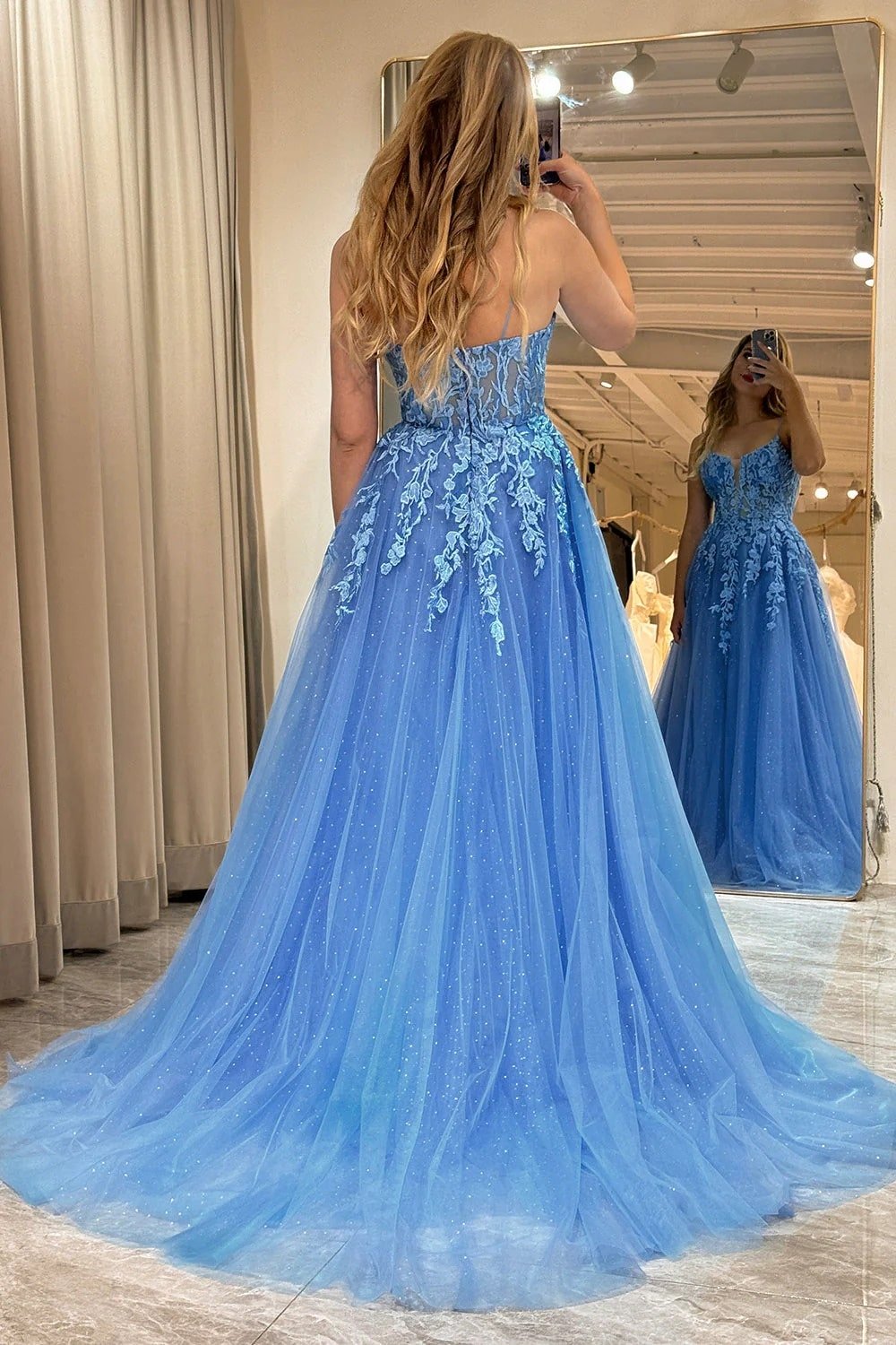 A-line V Neck Long/Floor-Length Tulle Sparkling Prom Dresses with Split Glitter Ball Gowns-794